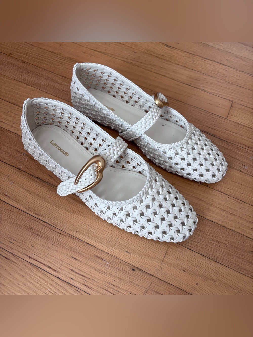 Larroude White Woven Mary Jane Flats with Gold Buckle